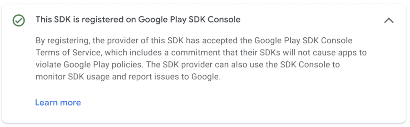 SDK registered on the Google Play SDK Console
